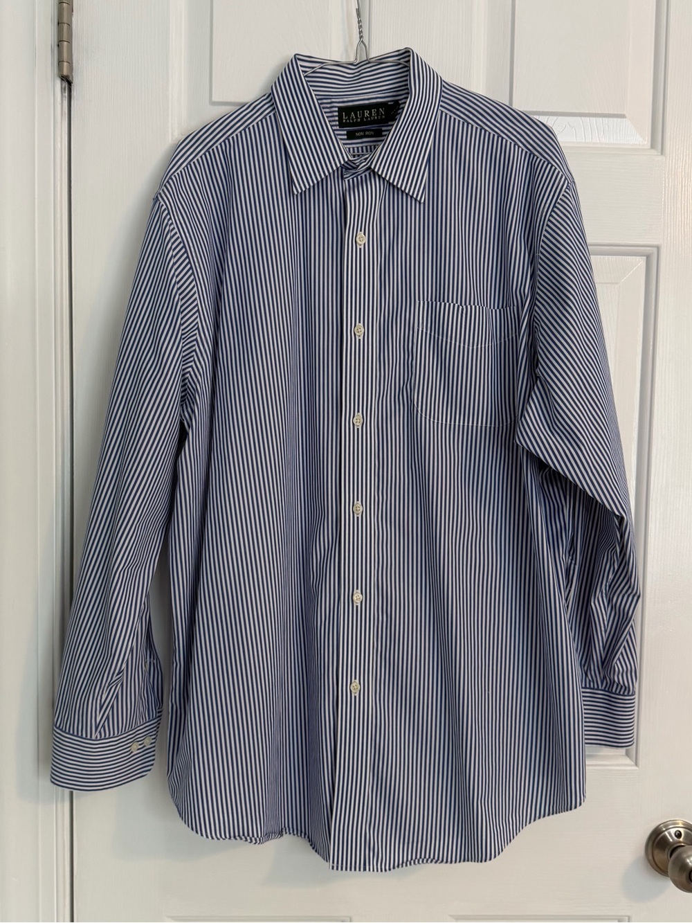Lauren Ralph Lauren Dress Shirt Mens 17.5 34/35 Blue White Striped Non Iron